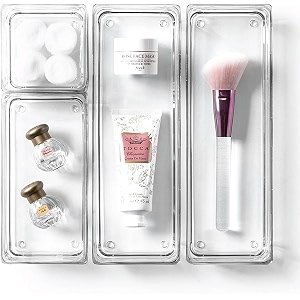 zeinwap desk drawer organizers trays set clear plastic rectangular shape storage bins bathroom drawer tray dividers vanity trays organizer for bedroom dresser makeup kitchen utensil office 4 pc set