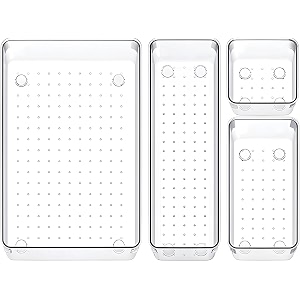 zeinwap desk drawer organizers trays set clear plastic storage bins bathroom drawer tray dividers vanity trays organizer for bedroom dresser makeup kitchen utensil office 4 pc set new - transparent