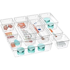 zeinwap desk drawer organizers trays set clear plastic storage bins bathroom drawer tray dividers vanity trays organizer for bedroom dresser makeup kitchen utensil office 12 pc set - transparent