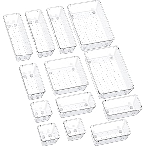 zeinwap desk drawer organizers trays set clear plastic storage bins bathroom drawer tray dividers vanity trays organizer for bedroom dresser makeup kitchen utensil office 13 piece