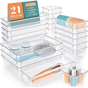 zeinwap desk drawer organizers trays set clear plastic storage bins bathroom drawer tray dividers vanity trays organizer for bedroom dresser makeup kitchen utensil office 21 piece transparent