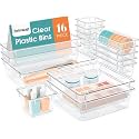 Zeinwap Desk Drawer Organizers Trays Set Clear Plastic Storage Bins Bathroom Drawer Tray Dividers Vanity Trays Organizer for Bedroom Dresser Makeup Kitchen Utensil Office (16 Piece)