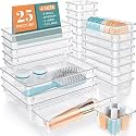 Zeinwap Desk Drawer Organizers Trays Set Clear Plastic Storage Bins Bathroom Drawer Tray Dividers Vanity Trays Organizer for Bedroom Dresser Makeup Kitchen Utensil Office (25 Piece) - Transparent