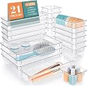 Zeinwap Desk Drawer Organizers Trays Set Clear Plastic Storage Bins Bathroom Drawer Tray Dividers Vanity Trays Organizer For Bedroom Dresser Makeup Kitchen Utensil Office (21 Piece), Transparent