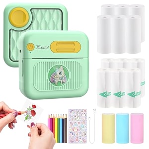 zeitel mini bluetooth thermal printer portable label inkfree mini printer for android amp ios system black on white thermal printer with 15 rolls of print paper 8 colors of pencils stickers green