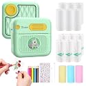ZEITEL® Mini Bluetooth Thermal Printer, Portable Label Inkfree Mini Printer for Android &amp; iOS System, Black on White Thermal Printer with 15 Rolls of Print Paper, 8 Colors of Pencils, Stickers, Green
