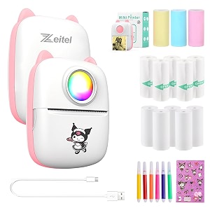 zeitel mini thermal printer bluetooth 13 rolls 5 pens 1 sticker pink
