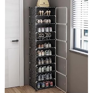 zemic diy shoe rack organizermulti-purpose shoe storage cabinet with door expandable plastic 10 layers portable and folding shoe rack black