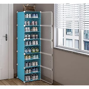 zemic diy shoe rack organizermulti-purpose 30 pair tower shelf storage plastic cabinet 10 layers 5 door portable and folding shoe rack blue