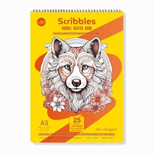 zen sangam scribbles a3 sketchbook  25 sheets 130gsm acid-free paper  top spiral-bound  for artists kids amp professionals  ideal for markers colored pencils charcoal pastels  yellow
