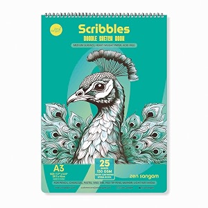 zen sangam scribbles a3 sketchbook  25 sheets 130gsm acid-free paper  top spiral-bound  for artists kids amp professionals  ideal for markers colored pencils charcoal pastels  teal blue