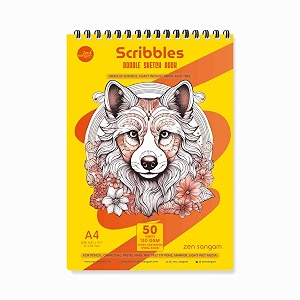 zen sangam scribbles a4 sketchbook  50 sheets 130gsm acid-free paper  top spiral-bound  for artists kids amp professionals  ideal for markers colored pencils charcoal pastels  yellow