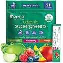 Zena Nutrition Organic Super Greens Powder Variety Pack, 70+ Superfoods, 0 Sugar, 3G Fiber, Spirulina, Chlorella, Antioxidants, Prebiotics/Probiotics, Digestive Enzymes, 21 Drink Mix Packets​