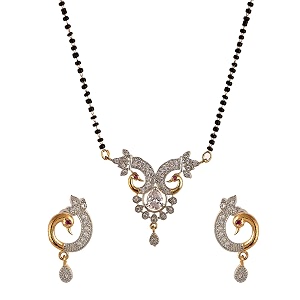 zeneme american diamond gold plated designer mangalsutra with earrings jewellery for women
