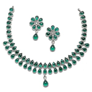 zeneme oxidised silver-plated pear shaped american diamond studded necklace earrings jewellery set for girls and women