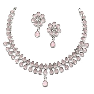 zeneme oxidised silver-plated pear shaped american diamond studded necklace earrings jewellery set for girls and women