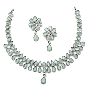zeneme oxidised silver-plated pear shaped american diamond studded necklace earrings jewellery set for girls and women