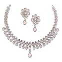 ZENEME Oxidised Silver-Plated Pear Shaped American Diamond Studded Necklace Earrings Jewellery Set for Girls and Women