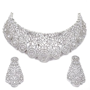 zeneme rhodium-plated silver american diamond choker necklace with earrings jewellery set with girls and women