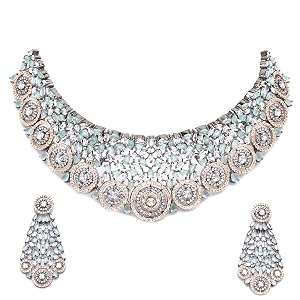 zeneme rhodium-plated black toned american diamond choker necklace set for women amp girls dual-tone circular floral statement jewellery set with earrings jewellery set
