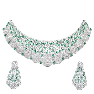 zeneme rhodium-plated silver american diamond choker necklace with earrings jewellery set with girls and women