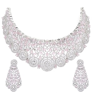 zeneme rhodium-plated silver american diamond choker necklace with earrings jewellery set with girls and women