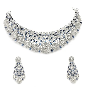 zeneme rhodium-plated silver american diamond choker necklace with earrings jewellery set with girls and women