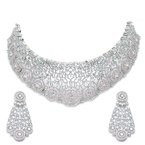 zeneme rhodium-plated silver american diamond choker necklace with earrings jewellery set with girls and women