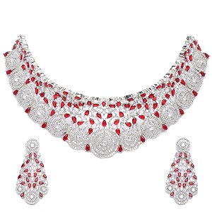 zeneme rhodium-plated silver american diamond choker necklace with earrings jewellery set with girls and women