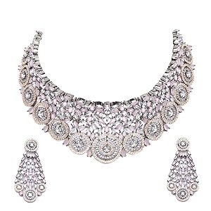zeneme rhodium-plated american diamond choker necklace set for women amp girls black-toned circular floral statement jewellery set with earrings amp wedding jewellery