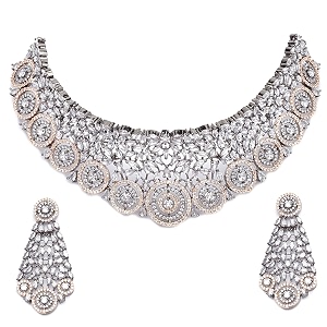 zeneme rhodium-plated american diamond choker necklace set for women amp girls black-toned circular floral statement jewellery set with earrings amp wedding jewellery
