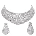 ZENEME Rhodium-Plated Silver American Diamond Choker Necklace with Earrings Jewellery Set with Girls and Women