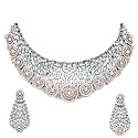 ZENEME Rhodium-Plated Black Toned American Diamond Choker Necklace Set for Women &amp; Girls Dual-Tone Circular Floral Statement Jewellery Set with Earrings Jewellery Set