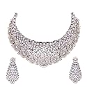 ZENEME Rhodium-Plated American Diamond Choker Necklace Set for Women &amp; Girls Black-Toned Circular Floral Statement Jewellery Set with Earrings &amp; Wedding Jewellery