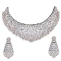 ZENEME Rhodium-Plated American Diamond Choker Necklace Set for Women &amp; Girls Black-Toned Circular Floral Statement Jewellery Set with Earrings &amp; Wedding Jewellery
