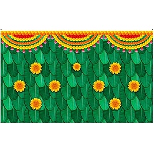 zeonely mart ganesh chaturthi decoration cloths  vinayaka backdrop cloth for decorations  banana leaf with marigold flower decorations cloth size  5 x 8 feet  banana backdrop decoration cloth