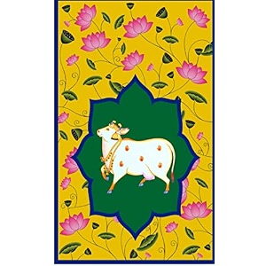 zeonely mart gomatha backdrop  yellow cloth cow gomaatha backdrops for home decoration pooja  house warming functions cloth size  8 x 5 feet backdrop for pooja