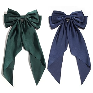big satin layered hair bows for women girls 11 inch barrette hair clip long black ribbon bows french style hair accessories greenblue