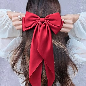 big satin layered hair bows for women girls 11 inch barrette hair clip long black ribbon bows french style hair accessories red