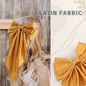 big satin layered hair bows for women girls 11 inch barrette hair clip long black ribbon bows french style hair accessories yellow
