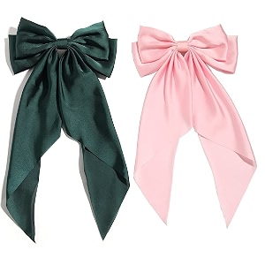 big satin layered hair bows for women girls 11 inch barrette hair clip long black ribbon bows french style hair accessories greenpink