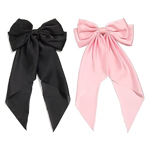 big satin layered hair bows for women girls 11 inch barrette hair clip long black ribbon bows french style hair accessories pinkblack