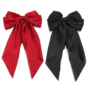 big satin layered hair bows for women girls 11 inch barrette hair clip long black ribbon bows french style hair accessories redblack