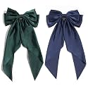 Big Satin Layered Hair Bows for Women Girls 11 Inch Barrette Hair Clip Long Black Ribbon Bows French Style Hair Accessories (Green,Blue)