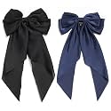 Big Satin Layered Hair Bows for Women Girls 11 Inch Barrette Hair Clip Long Black Ribbon Bows French Style Hair Accessories (Black,Blue)