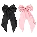 Big Satin Layered Hair Bows for Women Girls 11 Inch Barrette Hair Clip Long Black Ribbon Bows French Style Hair Accessories (Pink,Black)
