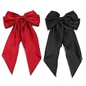 Big Satin Layered Hair Bows for Women Girls 11 Inch Barrette Hair Clip Long Black Ribbon Bows French Style Hair Accessories (Red,Black)