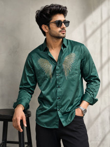 zerbit Men Embellished Party Green Shirt
