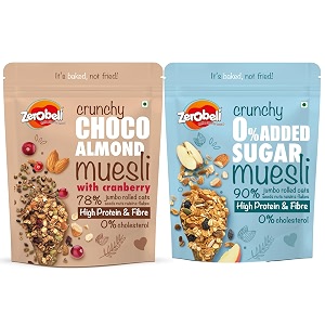 zerobeli muesli combo crunchy 0 added sugar amp dark chocolate almond 425g pack of 2 100 wholesome high in fiber amp proteinno refined sugar no artificial colorsnutritious breakfast amp snack