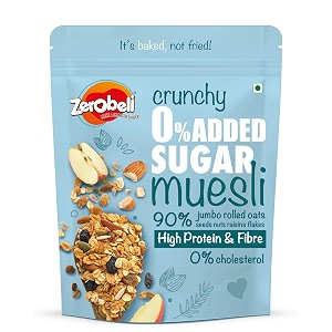 zerobeli crunchy 0 added sugar muesli 425g -with 90 wholegrains flax seeds sunflower seeds and raisinsdiabetic friendly and helps manage weight